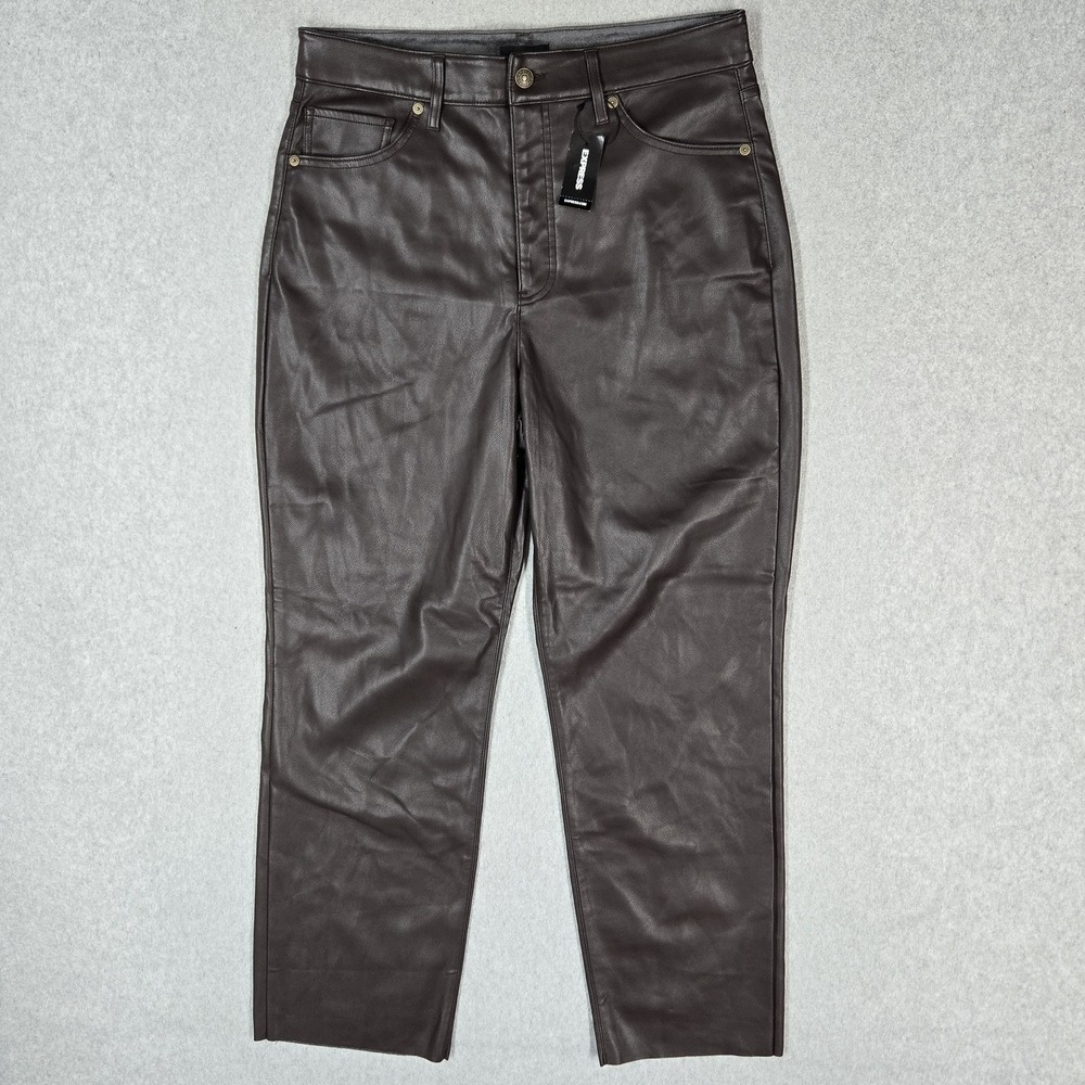 Express Women Pants 12S Brown Faux Leather Modern Straight Super High Rise NWT